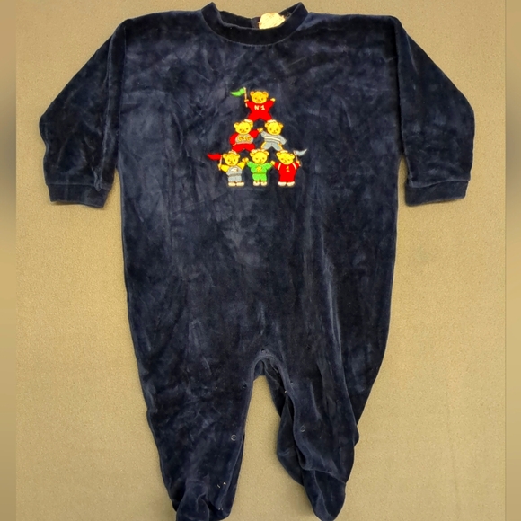 Vintage Jacadi Velvet Blue Bear Jumpsuit Pajamas 12MO - Picture 1 of 10